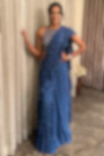 Blue Georgette Pre-Draped Ruffle Party Wear Saree Set by Chamee and Palak at Pernia's Pop Up Shop