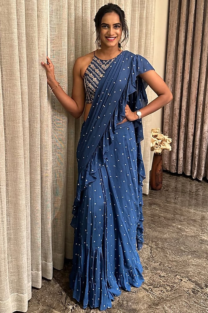 Blue Georgette Pre-Draped Ruffle Party Wear Saree Set by Chamee and Palak at Pernia's Pop Up Shop