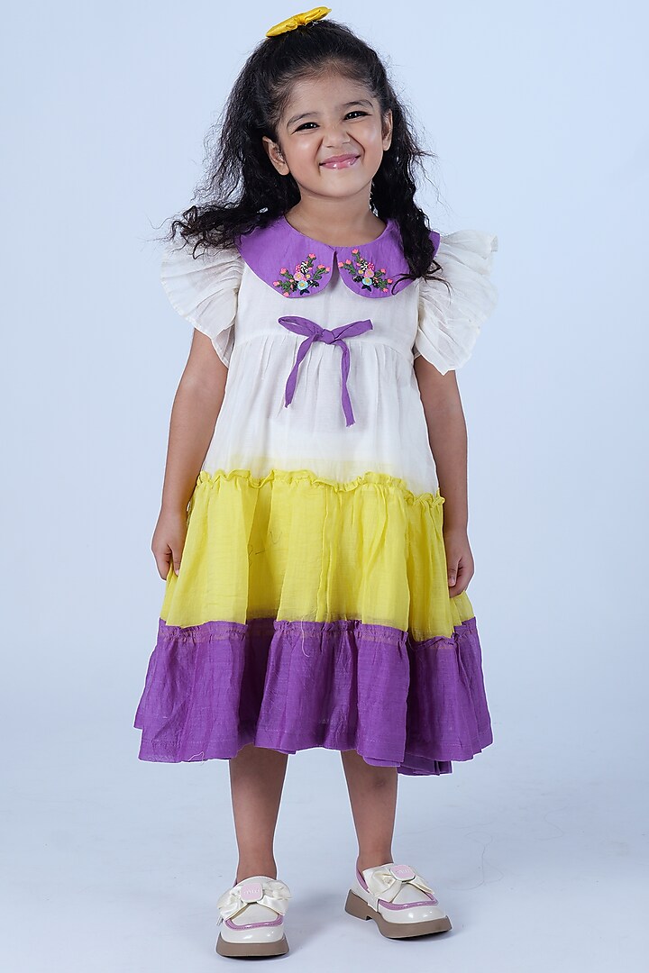 Purple & Yellow Pure Mulmul Hand Embroidered Tiered Dress For Girls by Pankhuri by Priyanka - Kids at Pernia's Pop Up Shop