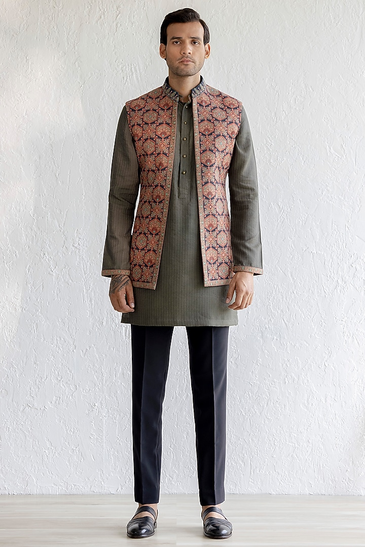 Multi-Colored Kashmiri Embroidered Wedding Indowestern Set by Qbik Men at Pernia's Pop Up Shop