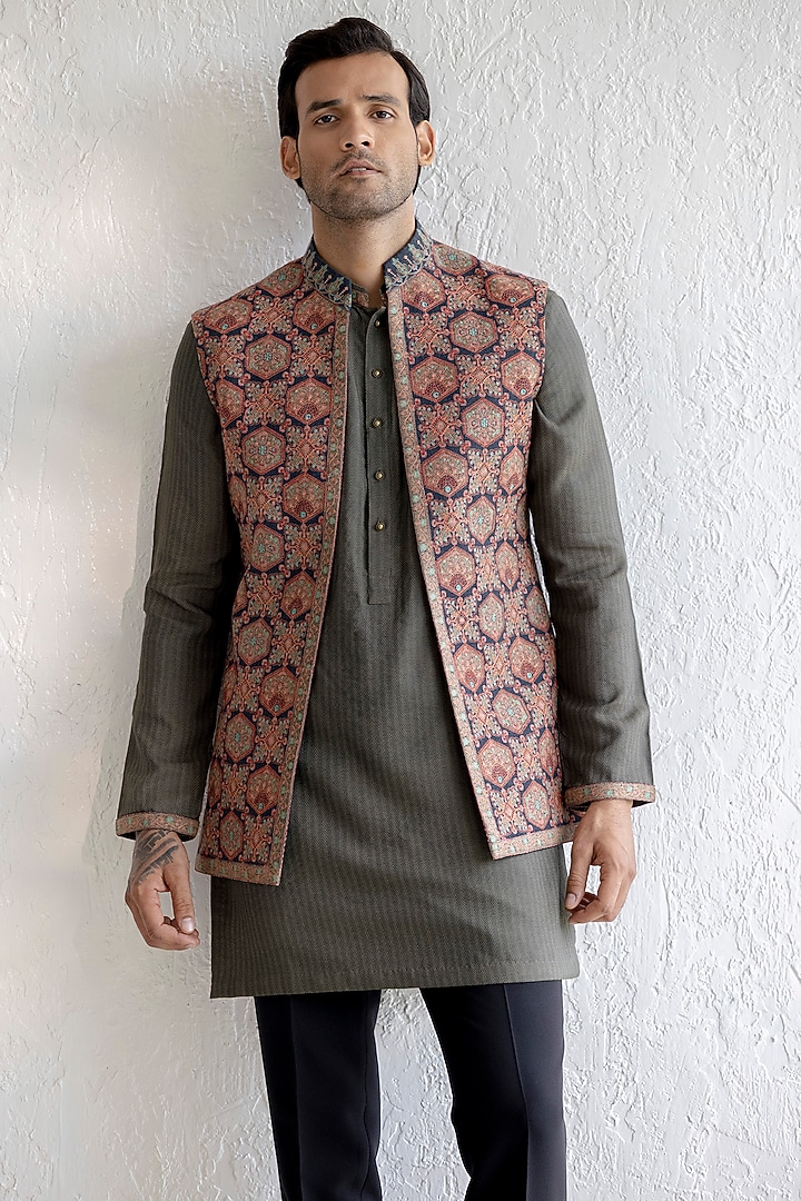Multi-Colored Kashmiri Embroidered Wedding Indowestern Set by Qbik Men at Pernia's Pop Up Shop