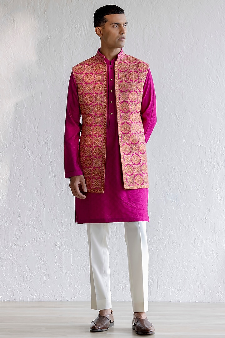 Pink Embroidered Jacket With Kurta Set by Qbik Men