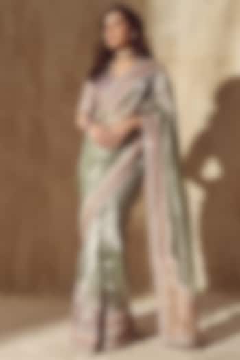 Multi-Colored Tissue Embroidered Bridal Saree Set by Ridhi Mehra at Pernia's Pop Up Shop
