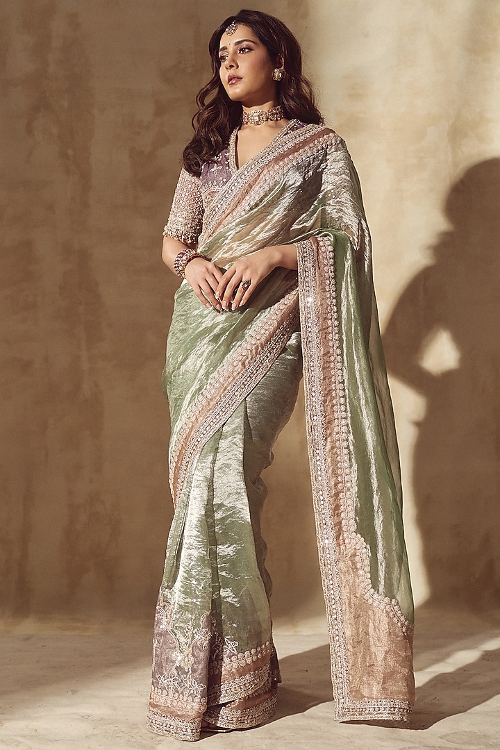 Multi-Colored Tissue Embroidered Bridal Saree Set by Ridhi Mehra at Pernia's Pop Up Shop