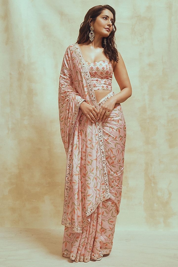 Blush Pink Dupion Silk Printed & Embroidered Wedding Saree Set by Drishti & Zahabia at Pernia's Pop Up Shop