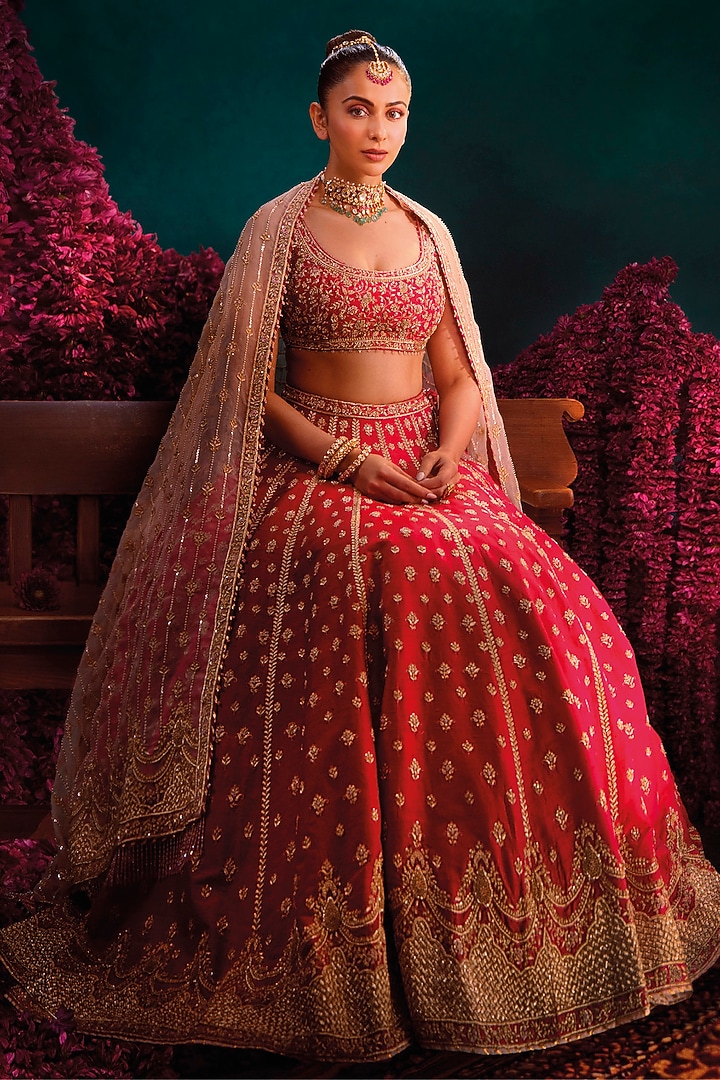 Hot Pink Pure Raw Silk Zardosi Hand Embroidered Bridal Bridal Lehenga Set by Sheetal Batra at Pernia's Pop Up Shop