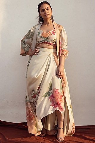 Ivory Habutai Floral Printed & Hand Embroidered Jacket Set by Paulmi & Harsh