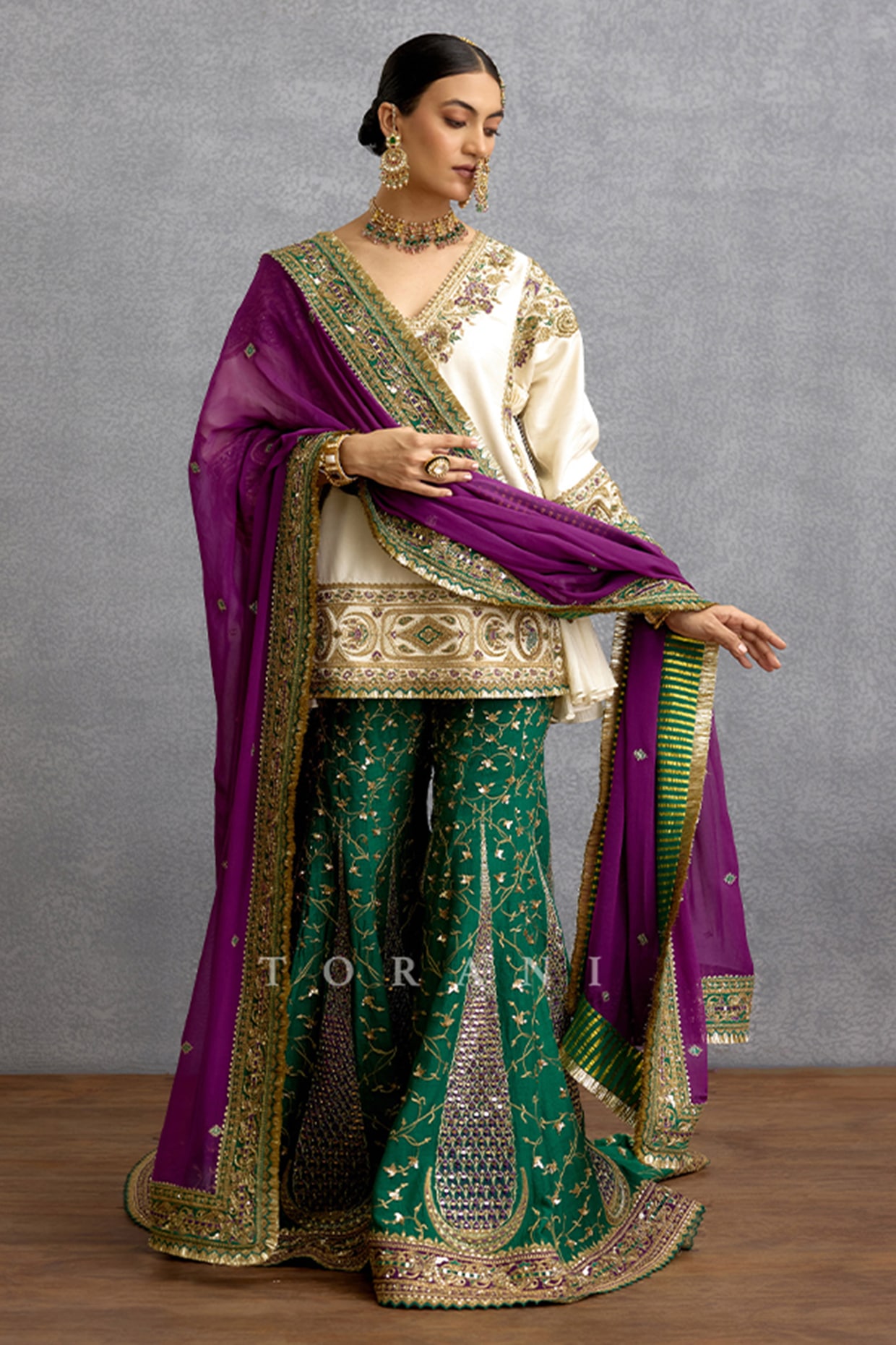 TORANI Green & Purple Cotton Voile Motif Embroidered Sharara Set