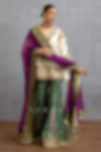 Green & Purple Cotton Voile Motif Embroidered Bridal Sharara Set by TORANI at Pernia's Pop Up Shop