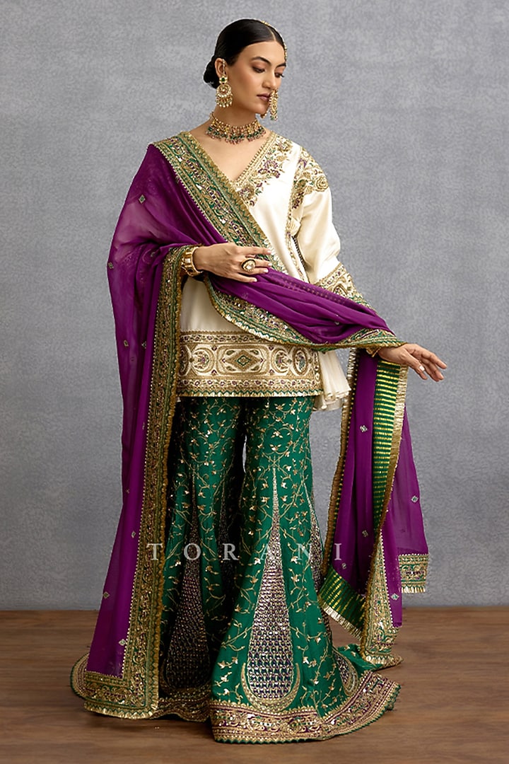 Green & Purple Cotton Voile Motif Embroidered Bridal Sharara Set by TORANI at Pernia's Pop Up Shop
