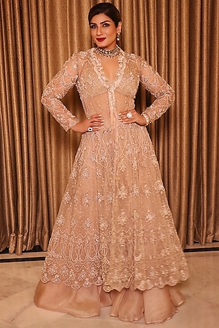 Beige Embroidered Cape Set by Ridhima Bhasin