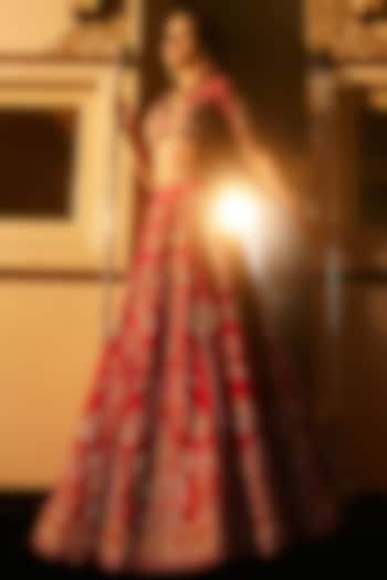 Red Raw Silk Tree Motif Work Bridal Lehenga Set by Ridhi Mehra at Pernia's Pop Up Shop