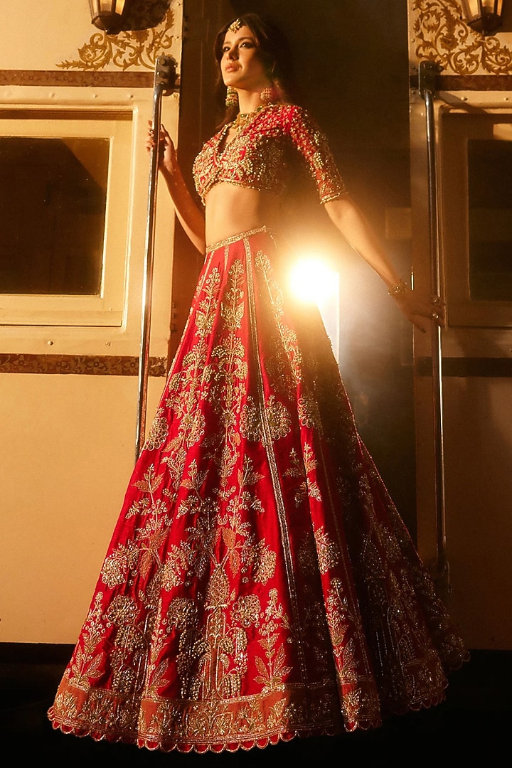 Red Raw Silk Tree Motif Work Bridal Lehenga Set by Ridhi Mehra at Pernia's Pop Up Shop