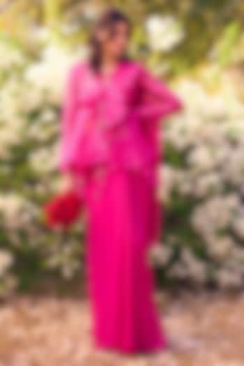 Bright Fuchsia Georgette Floral Embroidered Jacket Ruffled Wedding Saree Set by Ridhi Mehra at Pernia's Pop Up Shop