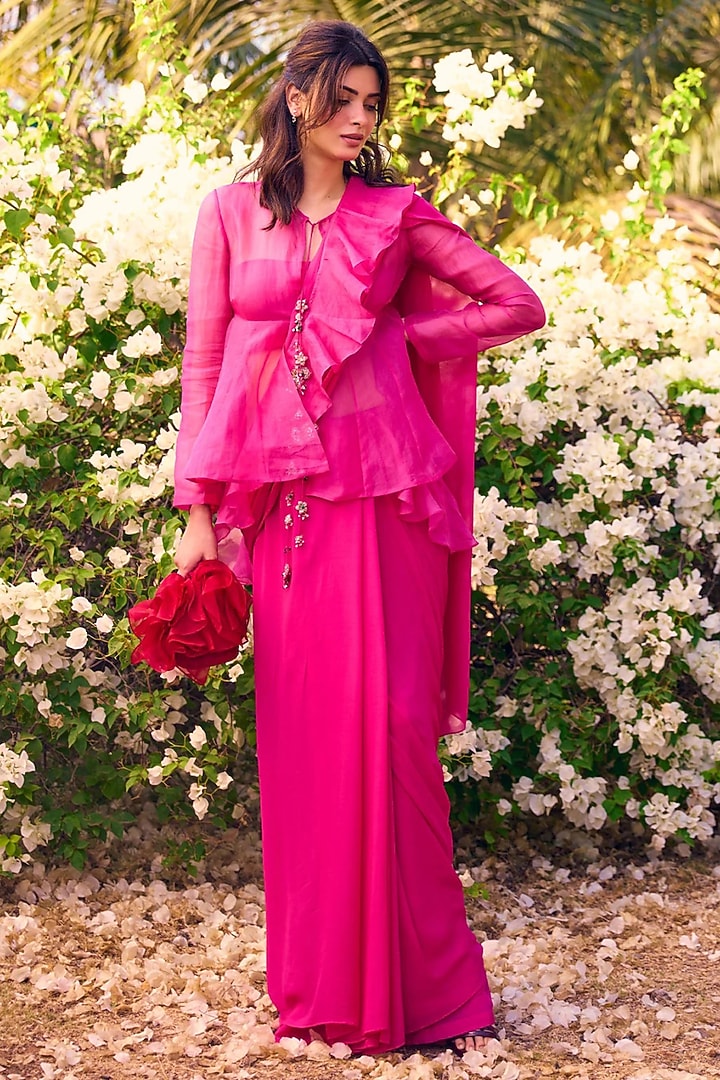 Bright Fuchsia Georgette Floral Embroidered Jacket Ruffled Wedding Saree Set by Ridhi Mehra at Pernia's Pop Up Shop