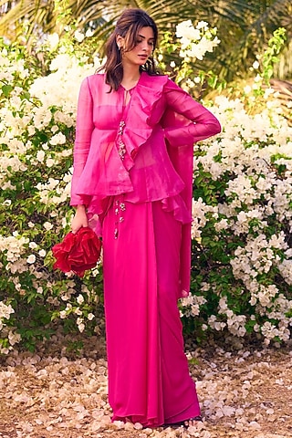 Bright Fuchsia Georgette Floral Embroidered Jacket Ruffled Saree Set by Ridhi Mehra