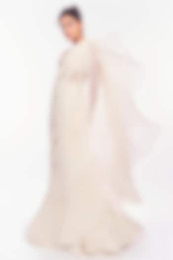 Ivory Chiffon & Organza Ruffled Draped Reception Saree Set by Ridhi Mehra at Pernia's Pop Up Shop