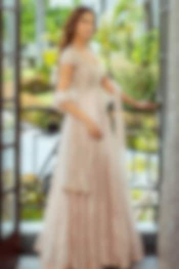 Rose Gold Tissue Embroidered Bridal Anarkali Set by Ridhi Mehra at Pernia's Pop Up Shop