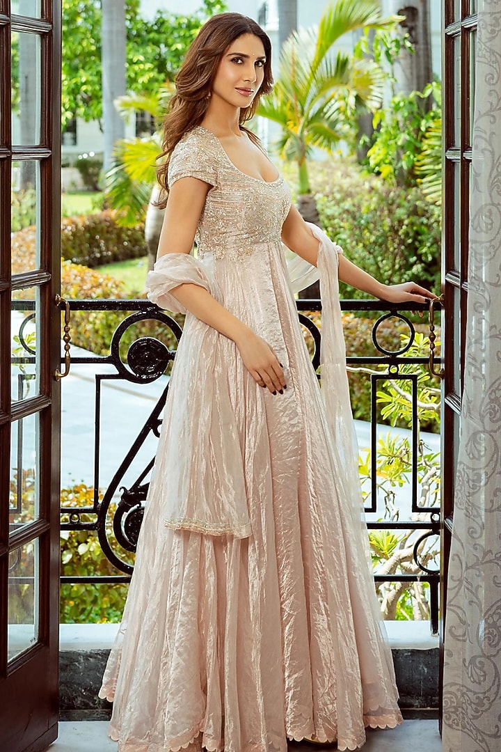 Rose Gold Tissue Embroidered Bridal Anarkali Set by Ridhi Mehra at Pernia's Pop Up Shop