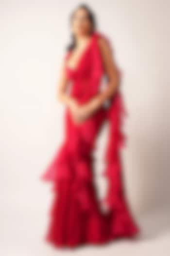 Red Chiffon Organza Ruffled Draped Reception Saree Set by Ridhi Mehra at Pernia's Pop Up Shop