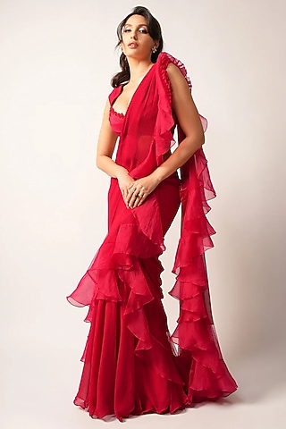Red Chiffon Organza Ruffled Draped Saree Set by Ridhi Mehra