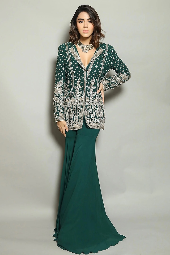Emerald Green Georgette Embroidered Jacket Set by Ridhi Mehra at Pernia's Pop Up Shop