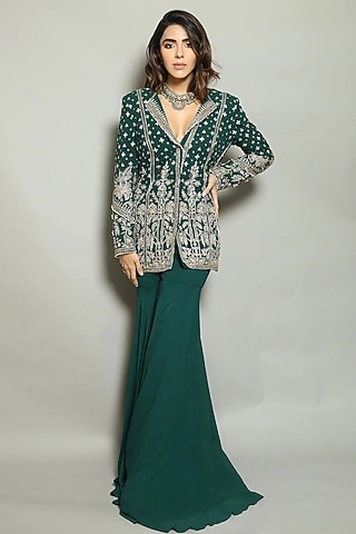 Emerald Green Georgette Embroidered Jacket Set by Ridhi Mehra