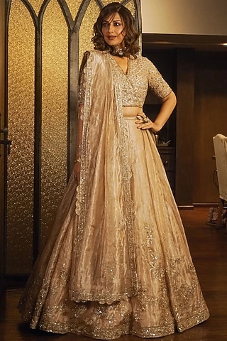 Gold Tissue Embroidered Lehenga Set by Ridhi Mehra