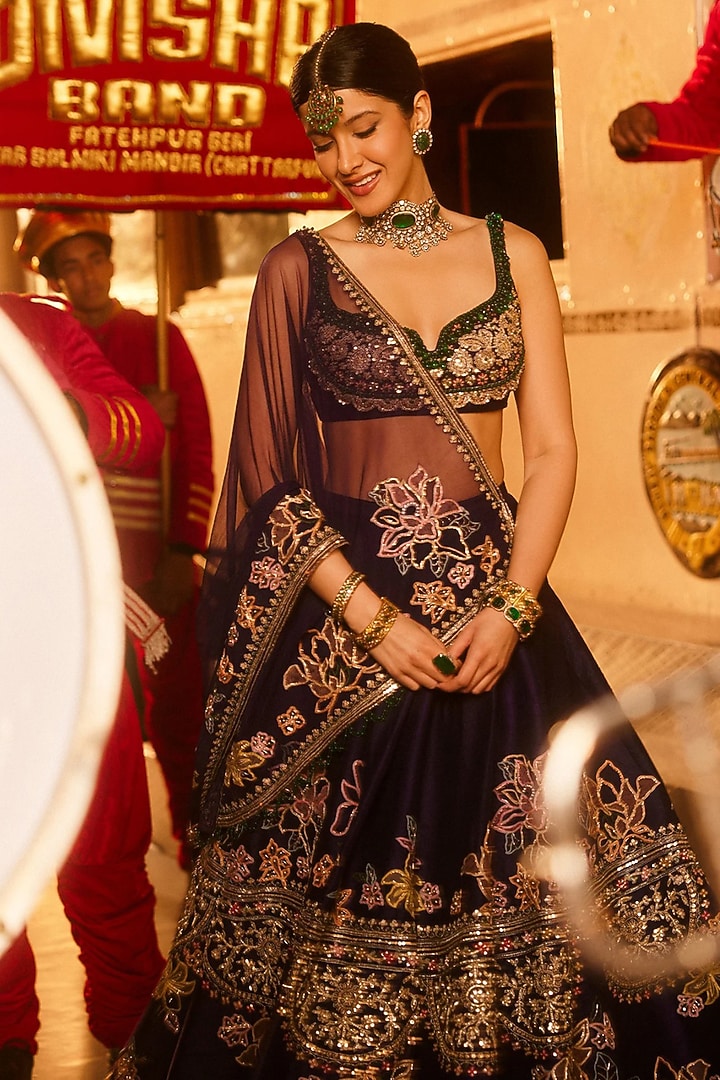 Purple Raw Silk Sequins & Crystal Embroidered Bridal Lehenga Set by Ridhi Mehra at Pernia's Pop Up Shop