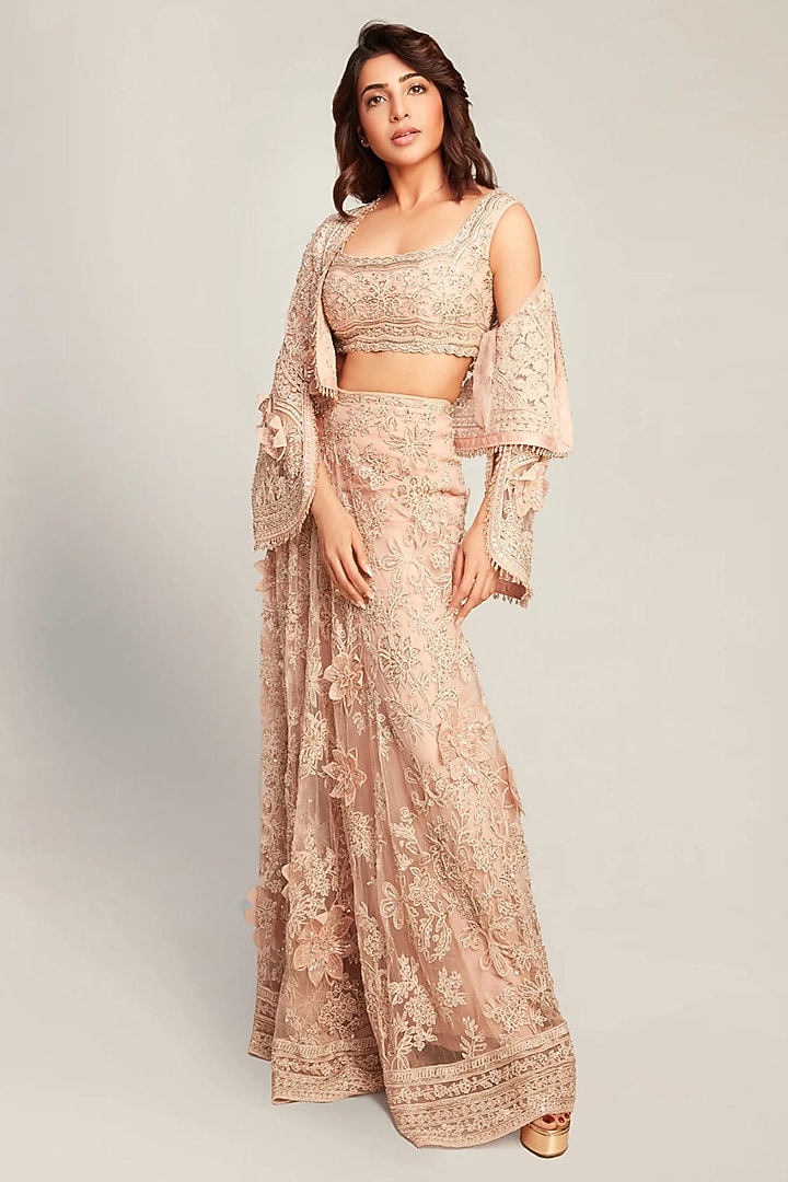 Dusty Pink Net Embroidered Skirt Set by Ridhi Mehra at Pernia's Pop Up Shop