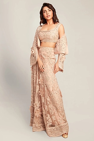Dusty Pink Net Embroidered Skirt Set by Ridhi Mehra