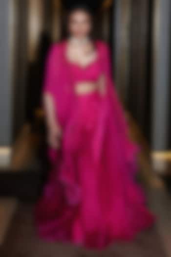 Deep Pink Chiffon Bridal Sharara Set With Cape by Ridhi Mehra at Pernia's Pop Up Shop