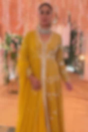 Golden Yellow Embroidered Bridal Anarkali With Dupatta by Ridhi Mehra at Pernia's Pop Up Shop