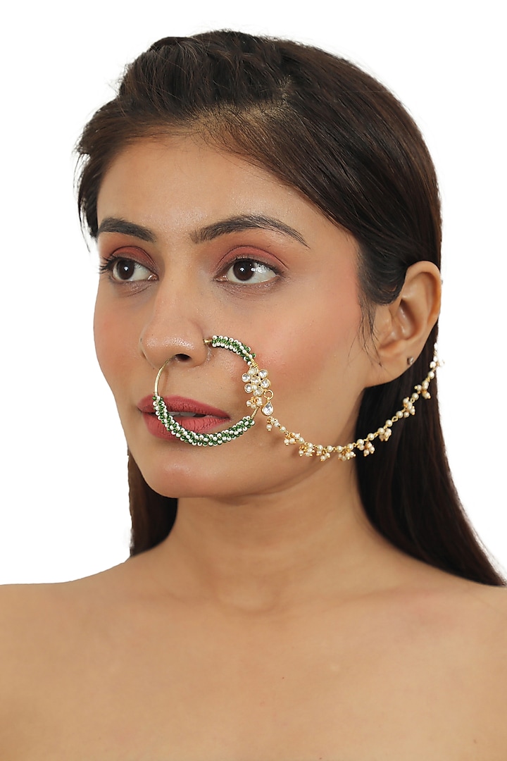 Gold Finish Beaded Floral Nose Ring by Riana Jewellery at Pernia's Pop Up Shop