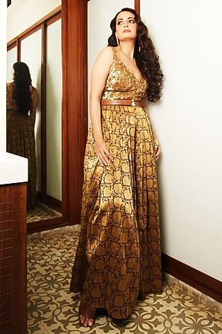 Brown & Gold Silk Sequins Hand Embroidered Jumpsuit by Ri Ritu Kumar