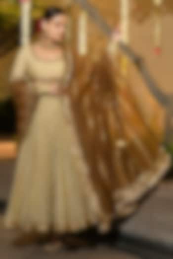 Deep Beige & Olive Cotton & Silk Printed & Embroidered Kurta Set by Ri Ritu Kumar at Pernia's Pop Up Shop