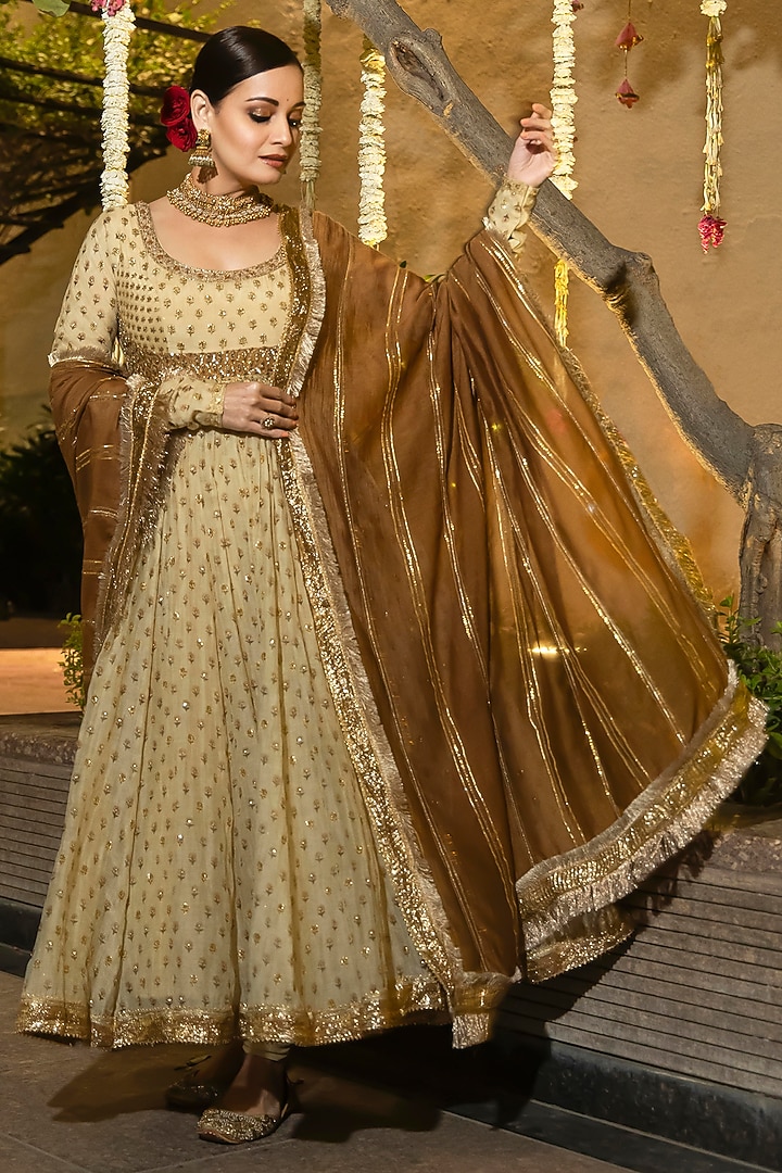 Deep Beige & Olive Cotton & Silk Printed & Embroidered Kurta Set by Ri Ritu Kumar at Pernia's Pop Up Shop