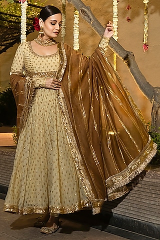 Deep Beige & Olive Cotton & Silk Printed & Embroidered Kurta Set by Ri Ritu Kumar