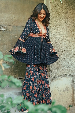 Navy Machine & Hand Embroidered Jacket Set by Ri Ritu Kumar