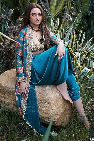 Teal Blue Silk Satin Floral Printed Jacket Set by Ri Ritu Kumar