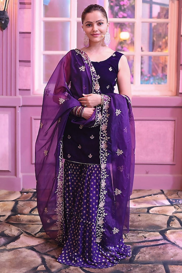 Purple Georgette Brocade Sharara Set by Monk & Mei at Pernia's Pop Up Shop