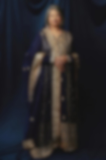 Navy Tussar Motif Embroidered Kurta Set by GOPI VAID at Pernia's Pop Up Shop