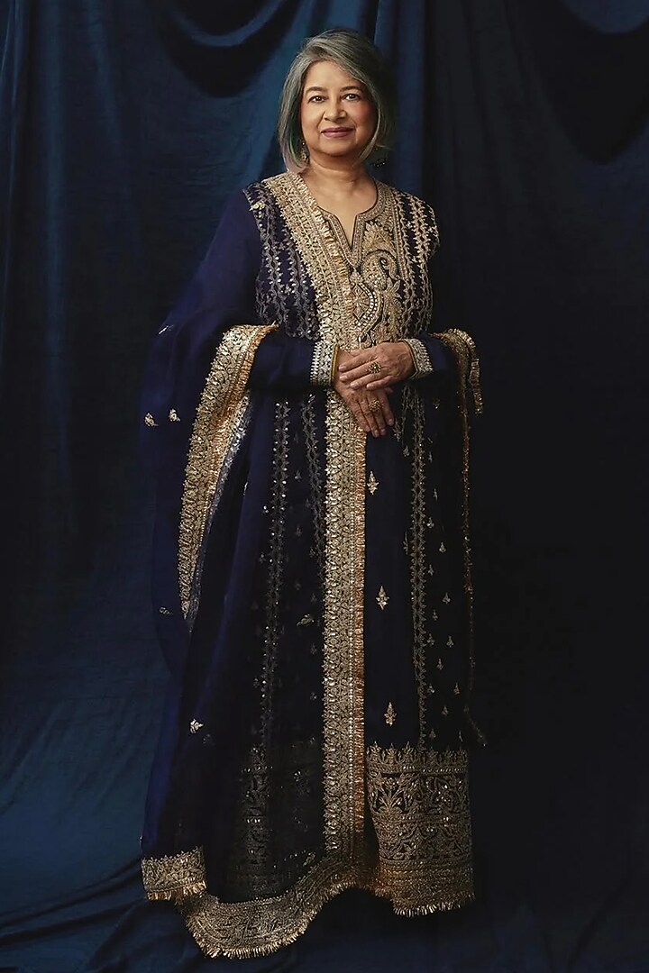 Navy Tussar Motif Embroidered Kurta Set by GOPI VAID at Pernia's Pop Up Shop