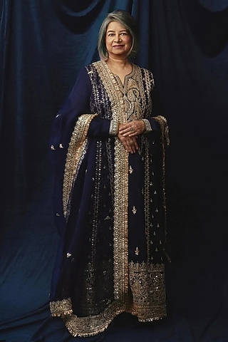 Navy Tussar Motif Embroidered Kurta Set by GOPI VAID