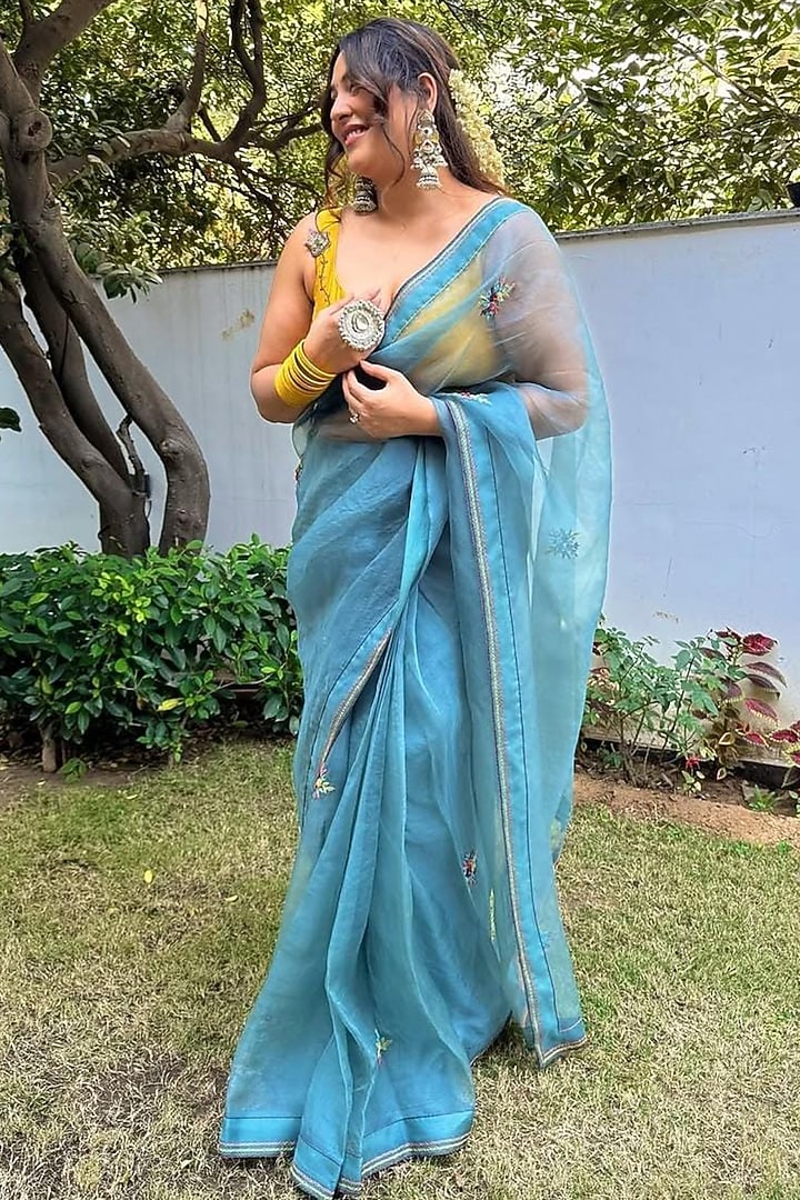 Teal Organza Hand Work Wedding Saree Set by JANKI INDIA at Pernia's Pop Up Shop