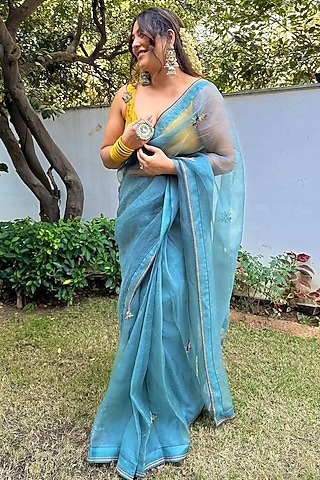 Teal Organza Hand Work Saree Set by JANKI INDIA