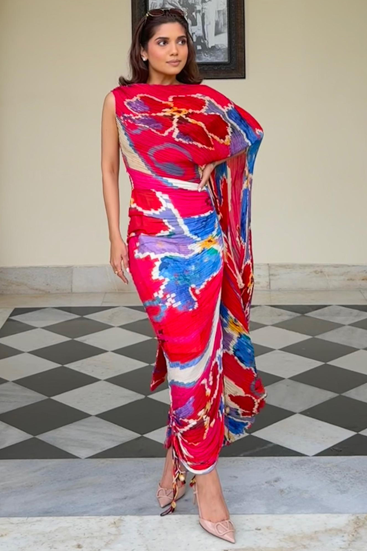 Pink & Red Polyester Ikat Printed Midi Dress by Saaksha & Kinni at Pernia's Pop Up Shop