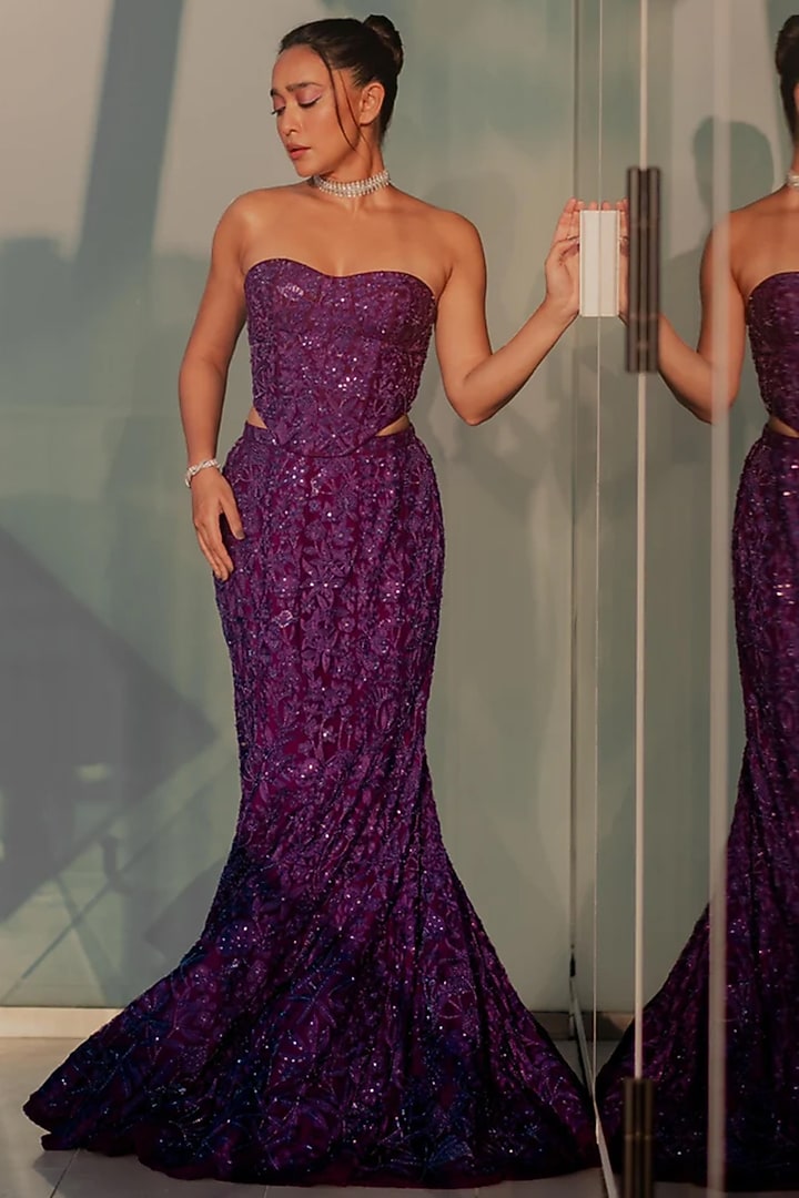 Purple Tulle Wildflower Fish-Cut Bridal Lehenga Set by Mishru at Pernia's Pop Up Shop