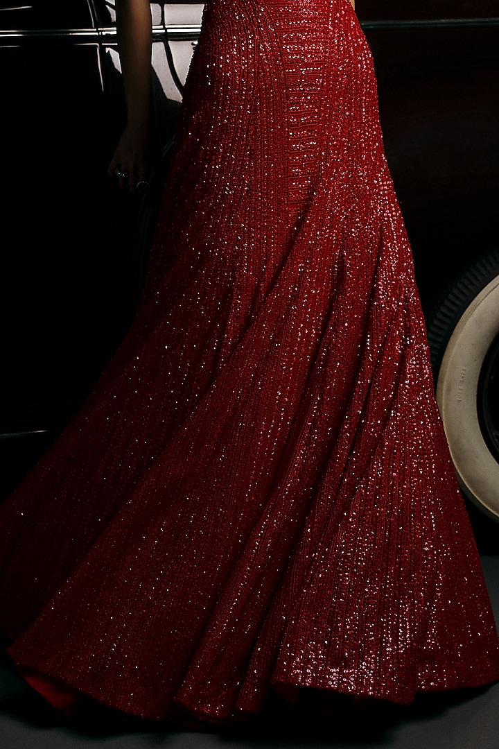 Red Net Sequins Embroidered Bridal Gown by Seema Gujral at Pernia's Pop Up Shop