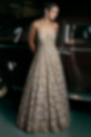 Nude Net Sequins & Crystal Embroidered Gown by Seema Gujral at Pernia's Pop Up Shop